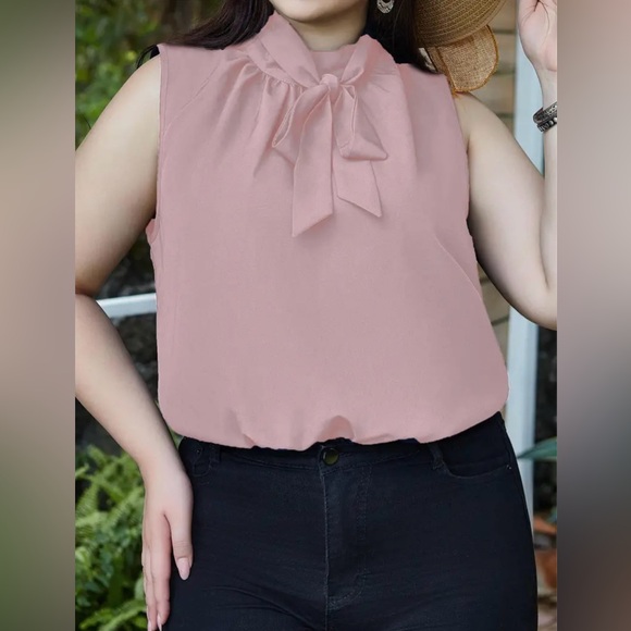 Elegant Plus Size Bow Knot High Neck Keyhole Tank Top Sleeveless Blouse - Picture 6 of 7